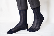 Charger l'image dans la galerie, TITTIMITTI men’s navy Filo di Scozia mercerized cotton dress socks with vertical stripes, worn with rolled charcoal grey suit trousers