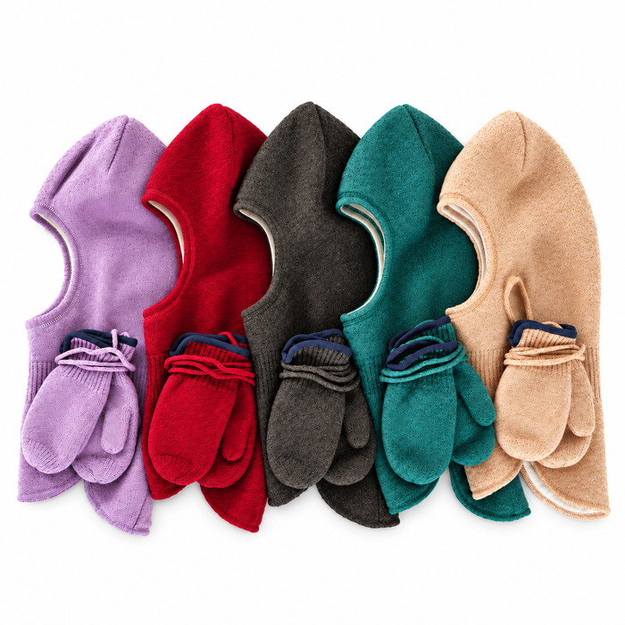 TITTIMITTI kids’ balaclavas and matching mittens in lavender, red, charcoal, teal and beige