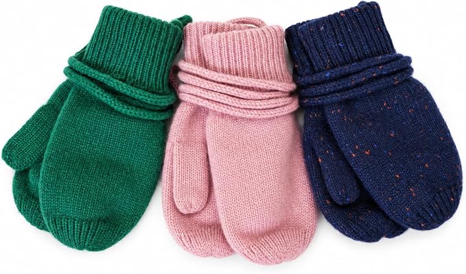 TITTIMITTI kids' knitted mittens in green, pink and navy