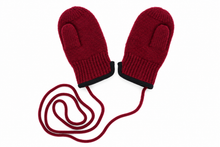 Load image into Gallery viewer, TITTIMITTI Pomegranate red 100% virgin wool baby and kids’ mittens with separate thumbs, ribbed cuffs, black cuff edging and matching connecting string, 1 pair