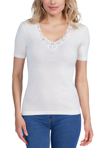 EGi Luxury Merino Wool Silk Women's Short Sleeve T-Shirt with Lace Trimming. Proudly Made in Italy.