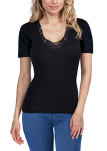Load image into Gallery viewer, EGi Luxury Merino Wool Silk Women&#39;s Short Sleeve T-Shirt with Lace Trimming. Proudly Made in Italy.