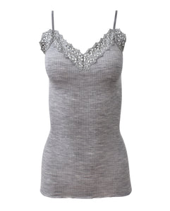 EGI Luxury Wool Silk Camisole Spaghetti Straps with Macramé Trim. Proudly Made in Italy.
