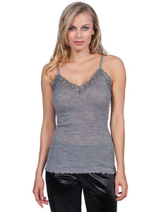 EGI Luxury Wool Silk Camisole Spaghetti Straps with Macramé Trim. Proudly Made in Italy.