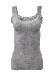 EGI Luxury Wool Silk Camisole with Macramé Lace Trim. Proudly Made in Italy.