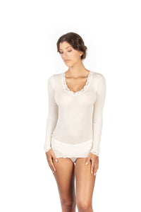 EGi Luxury Wool Silk Long Sleeve Top with Lace Trim. Proudly Made in Italy.