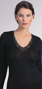EGI Luxury Merino Wool Silk Women's Macramé Trimmed Long Sleeve T-Shirt . Proudly Made in Italy.