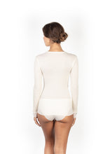 Load image into Gallery viewer, EGI Exclusive Merino Wool Blend Top V-Neck Lace Trim Long Sleeves. Proudly Made in Italy.