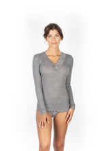 Load image into Gallery viewer, EGI Exclusive Merino Wool Blend Top V-Neck Lace Trim Long Sleeves. Proudly Made in Italy.