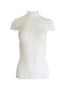 EGI Exclusive Merino Wool Blend Top Mock Neck Lace Trim Short Sleeves. Proudly Made in Italy.