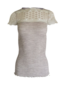 EGI Exclusive Merino Wool Blend Top Lace Trim Short Sleeves. Proudly Made in Italy.