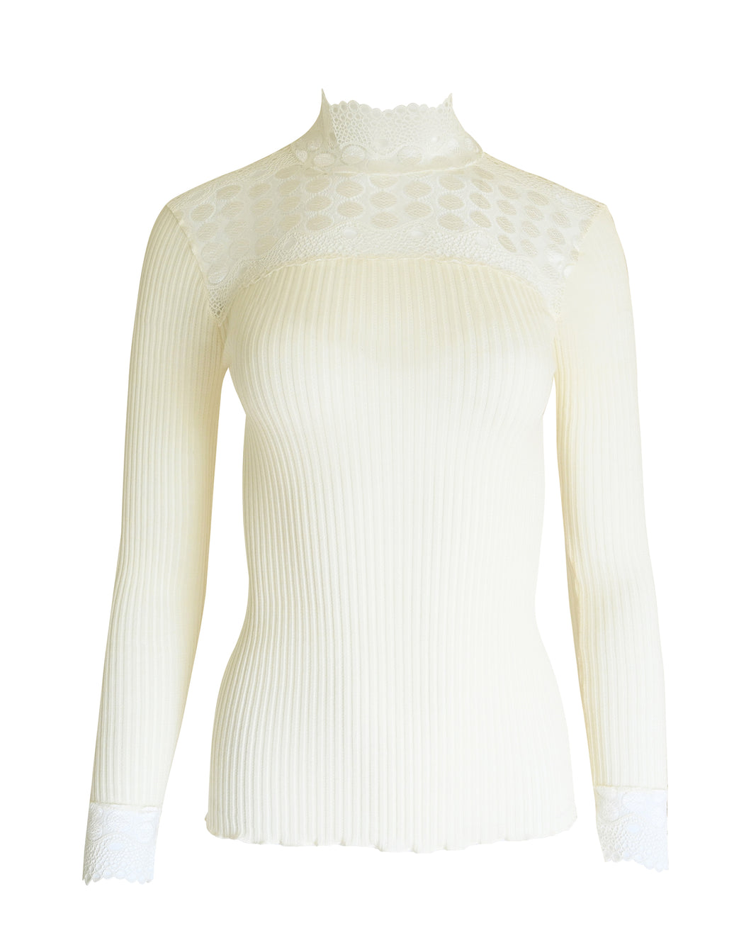 EGI Exclusive Merino Wool Blend Top Mock Neck Lace Trim Long Sleeves. Proudly Made in Italy.