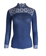 Load image into Gallery viewer, EGI Exclusive Merino Wool Blend Top Mock Neck Lace Trim Long Sleeves. Proudly Made in Italy.