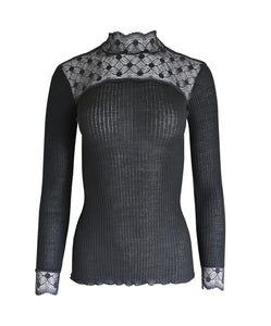 EGI Exclusive Merino Wool Blend Top Mock Neck Lace Trim Long Sleeves. Proudly Made in Italy.