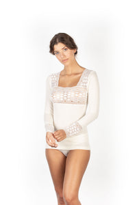 Mare Luxury Merino Wool Blend Women's Lace -Trimmed Long Sleeved Top (S - XL). Proudly Made in Italy.