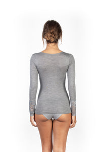 Mare Luxury Merino Wool Blend Women's Lace -Trimmed Long Sleeved Top (S - XL). Proudly Made in Italy.