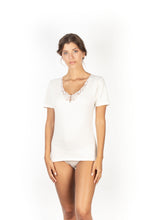 Load image into Gallery viewer, MaRe Premium Quality Cotton Wool Blend Women&#39;s T-Shirt with Macramé Lace. Proudly Made in Italy.