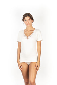 MaRe Premium Quality Cotton Wool Blend Women's T-Shirt with Macramé Lace. Proudly Made in Italy.