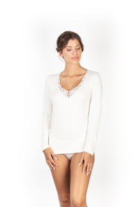 MaRe Cotton Wool Blend Women Long-Sleeved T-Shirt with Macramé Lace. Proudly Made in Italy.
