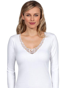 MaRe 100% Brushed Cotton Women Long-Sleeved T-Shirt with Macramé Lace. Proudly Made in Italy.