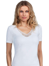 Load image into Gallery viewer, MaRe Premium Quality Cotton Wool Blend Women&#39;s T-Shirt with Macramé Lace. Proudly Made in Italy.